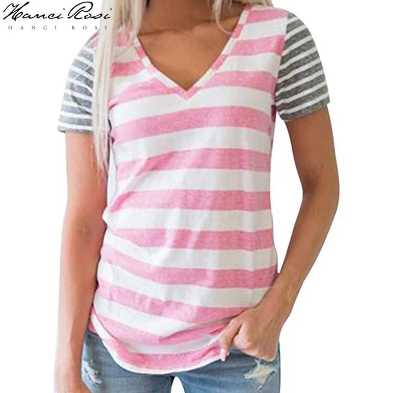HANCI ROSI Vogue T Shirt Women Tee Femme Tshirt 2019 Summer T-shirt Tops Striped Patch Work Casual Streetwear | Женская одежда