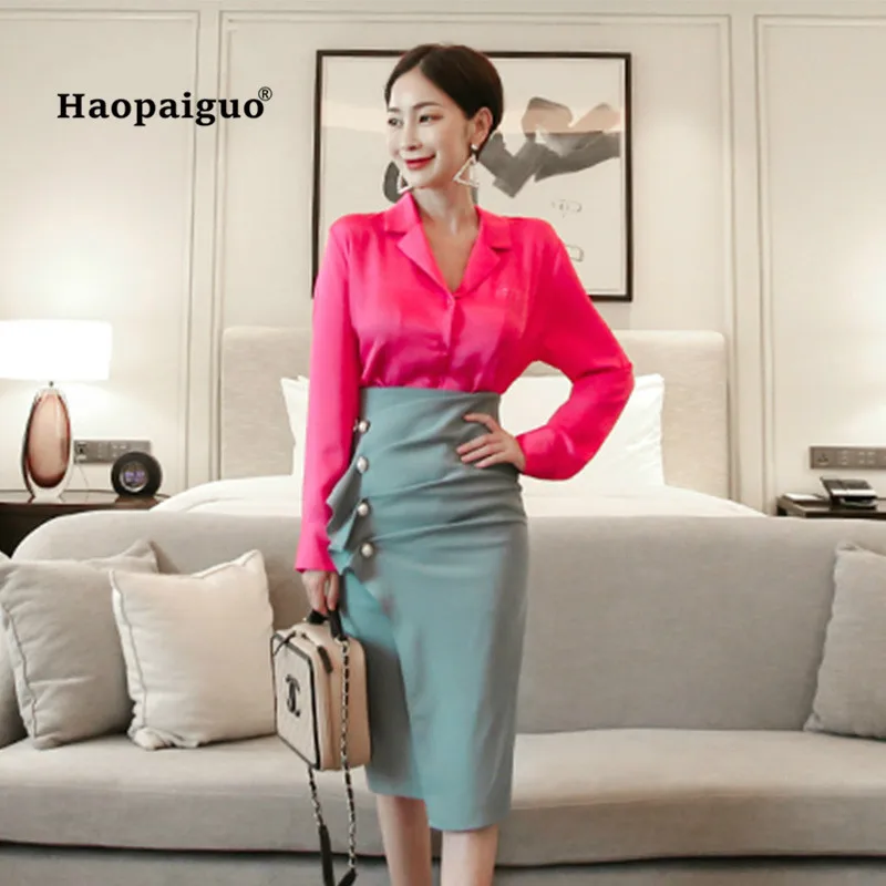 2 Piece Set Plus Size Autumn Women Pink Long Sleeve Turn-down Collar Elegant Office Shirt Top and Knee-length Wrap Work Skirt
2 Piece Set Plus Size Autumn Women Pink Long Sleeve Turn-down Collar Elegant Office Shirt Top and Knee-length Wrap Work Skirt