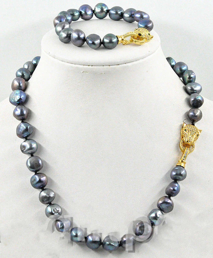 NEW 12-13mm south sea Black baroque pearl necklace bracelet set leopard Clasp
NEW 12-13mm south sea Black baroque pearl necklace bracelet set leopard Clasp