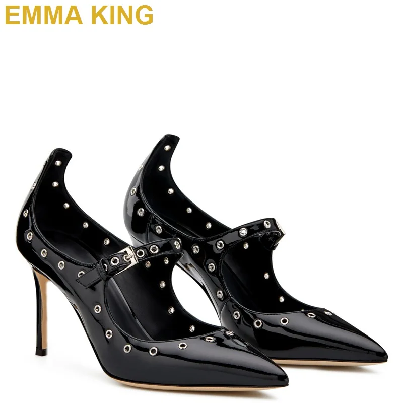 Rivet Studded Mary Jane Pumps Black Patent Leather Women High Heels Shoes Pointy Toe 10cm 12cm Ladies Stiletto Heels Prom Shoes
Rivet Studded Mary Jane Pumps Black Patent Leather Women High Heels Shoes Pointy Toe 10cm 12cm Ladies Stiletto Heels Prom Shoes