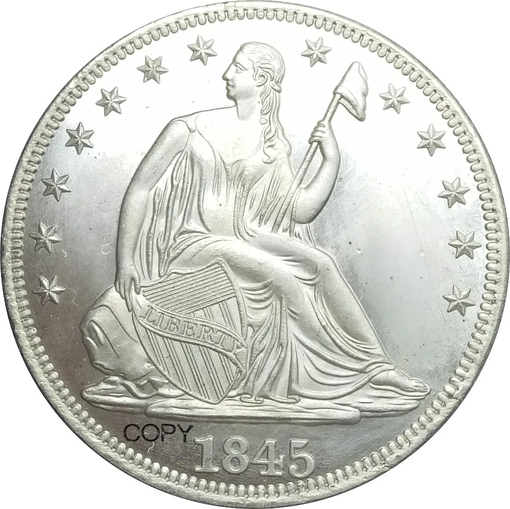United States Liberty Seated Half Dollars 1845 No Motto Above Eagle Brass Plated Silver Copy Coin
United States Liberty Seated Half Dollars 1845 No Motto Above Eagle Brass Plated Silver Copy Coin