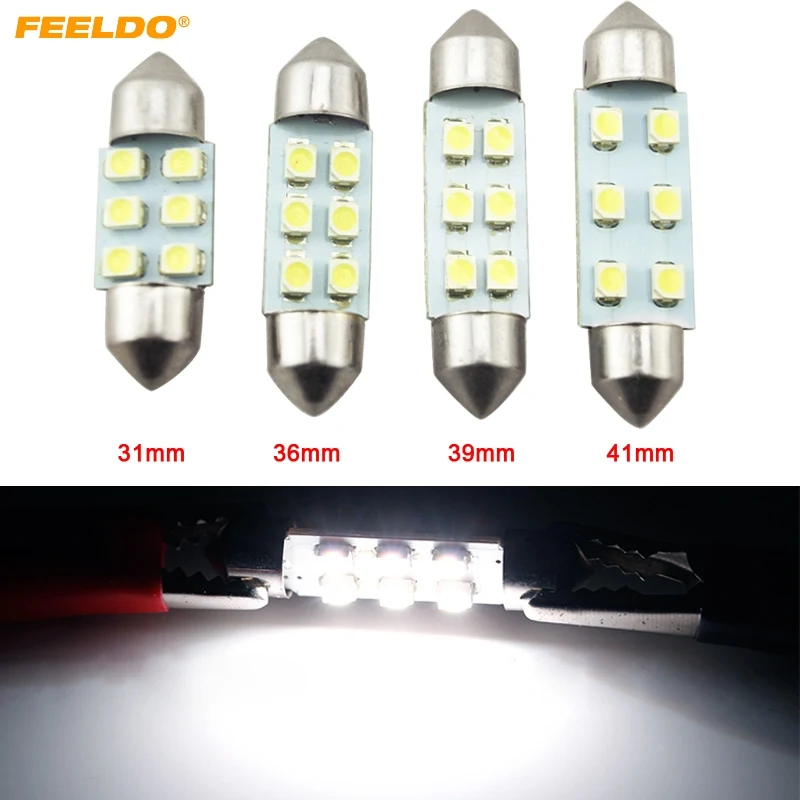 FEELDO 2Pcs Super White 31mm/36mm/39mm/41mm 1210/3528 6SMD Car Auto Festoon Dome 6LED Light Bulbs #FD-4742
FEELDO 2Pcs Super White 31mm/36mm/39mm/41mm 1210/3528 6SMD Car Auto Festoon Dome 6LED Light Bulbs #FD-4742