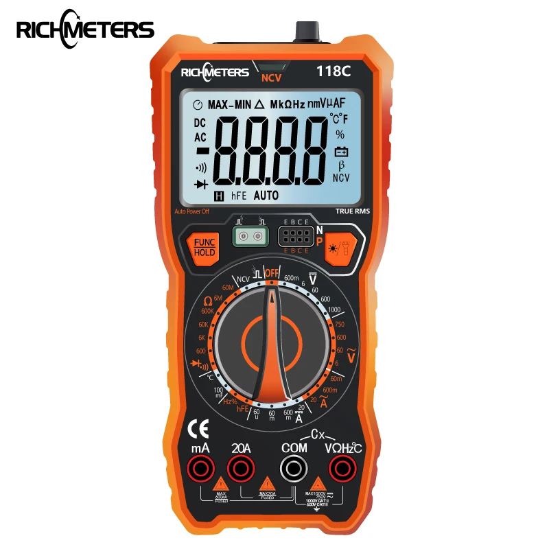 RICHMETERS 118C 20A Digital Multimeter 6000 Counts NCV HFE True-RMS 100mF Capacitance Magnet AC/DC Voltage Current Temperature
RICHMETERS 118C 20A Digital Multimeter 6000 Counts NCV HFE True-RMS 100mF Capacitance Magnet AC/DC Voltage Current Temperature