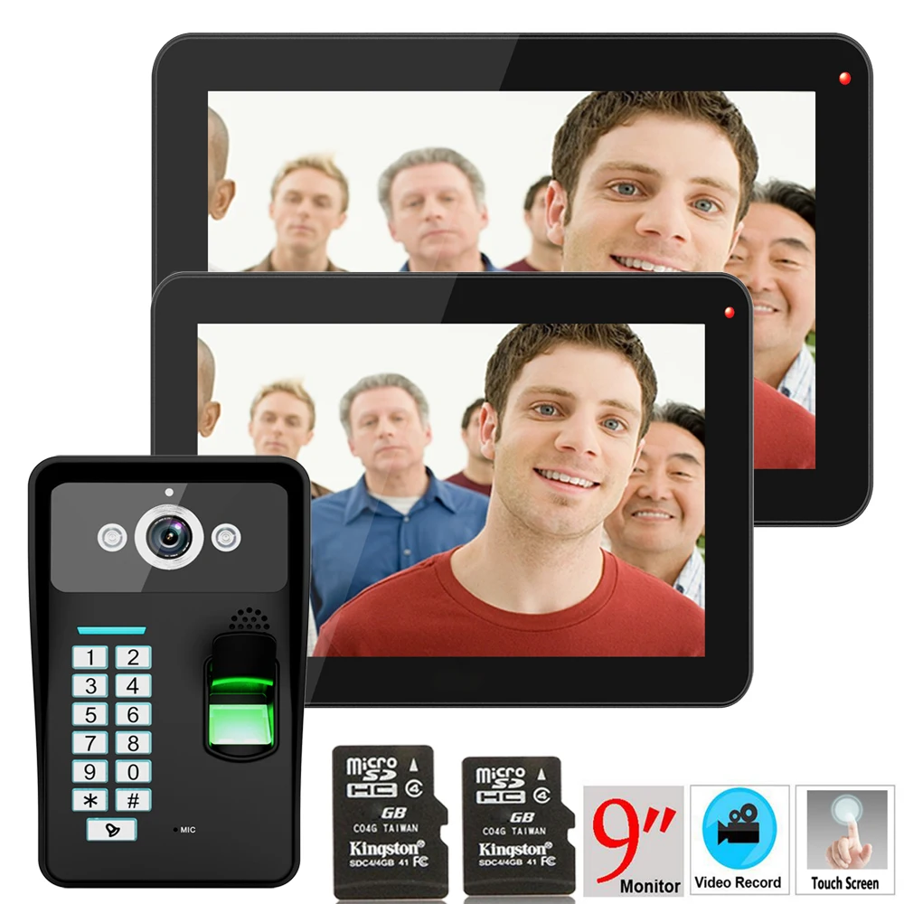 

9" 2 Monitors Recording RFID Password Fingerprint Recognition 900TVL Video Door Phone Intercom Rainproof Night Vision 8G TF