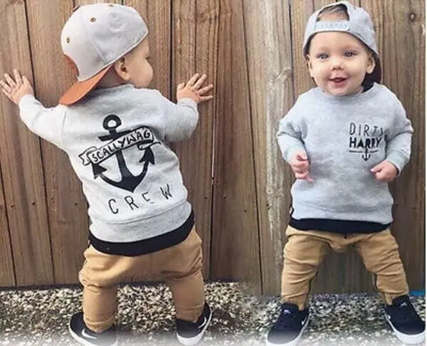 2019 Trend Style Newborn Kids Baby Clothing Sets &quotScallywag Crew" Grey Cotton Tops+ Khaki Pants Casual Clothes Outfits |