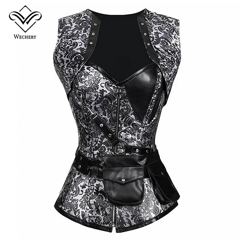 Wechery Steampunk Corset Gothic Corselet Sexy Jacquard PU Leather Zip Corsets And Bustiers Leather Harness with Belt Corsage
Wechery Steampunk Corset Gothic Corselet Sexy Jacquard PU Leather Zip Corsets And Bustiers Leather Harness with Belt Corsage