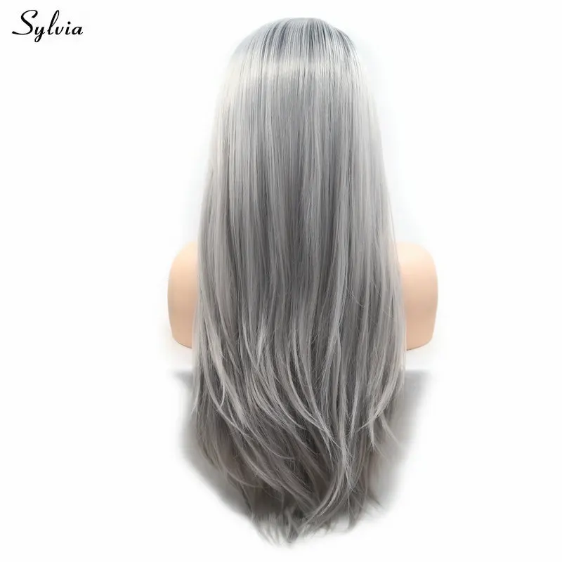 Sylvia Black Root Ombre Grey Color Synthetic Lace Front Wigs Natural Hairline High Temperature Fiber Side Part Hair Drag Queen | Шиньоны и