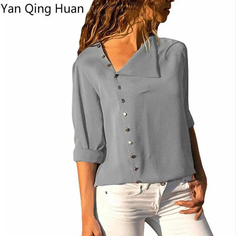 Yan Qing Huan Explosion Models Fashion Oblique Collar Button Tops Long Sleeve Women's Solid Color Shirt Loose Irregular Shirt
Yan Qing Huan Explosion Models Fashion Oblique Collar Button Tops Long Sleeve Women's Solid Color Shirt Loose Irregular Shirt