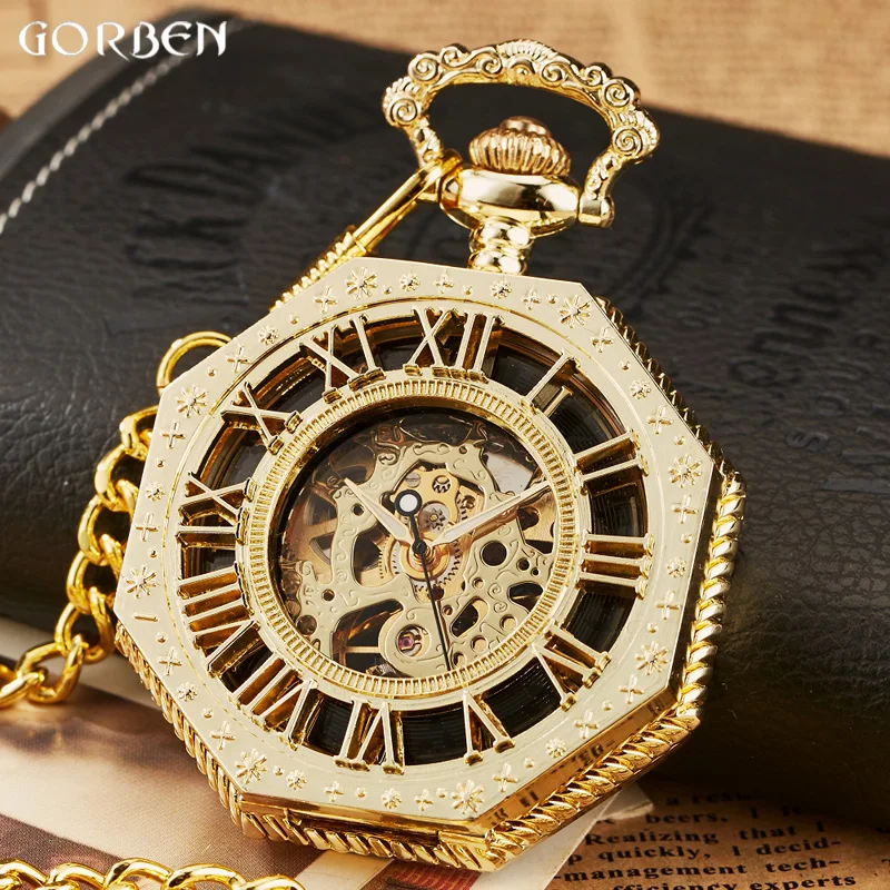 2020 New Classic Hexagonal Mechanical Pocket Watch FOB Chain Steampunk Roman Dial Skeleton Golden Hollow Steel Mens Pocket Watch
2020 New Classic Hexagonal Mechanical Pocket Watch FOB Chain Steampunk Roman Dial Skeleton Golden Hollow Steel Mens Pocket Watch
