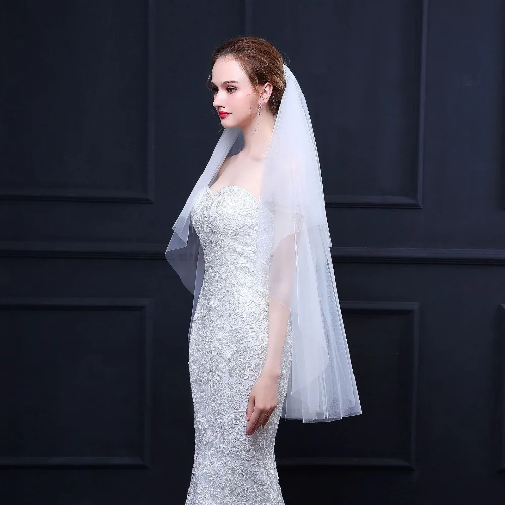 JaneVini Simple Cheap Ivory/White Wedding Veils Two Layers with Comb Elbow Length Veil Short Tulle Bridal Accessories | Свадьбы и