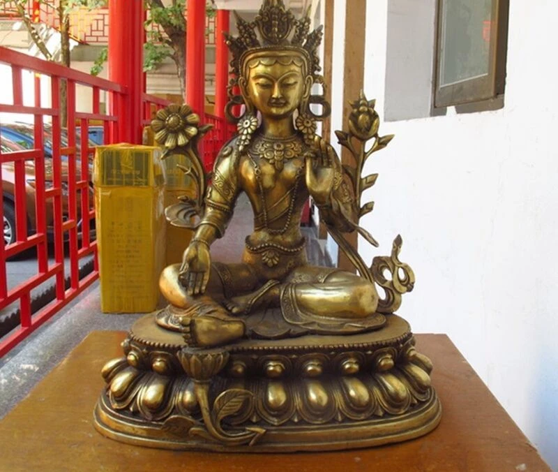 

18" Tibet Buddhism old Copper Bronze Green Tara Kwan-Yin Buddha Statue