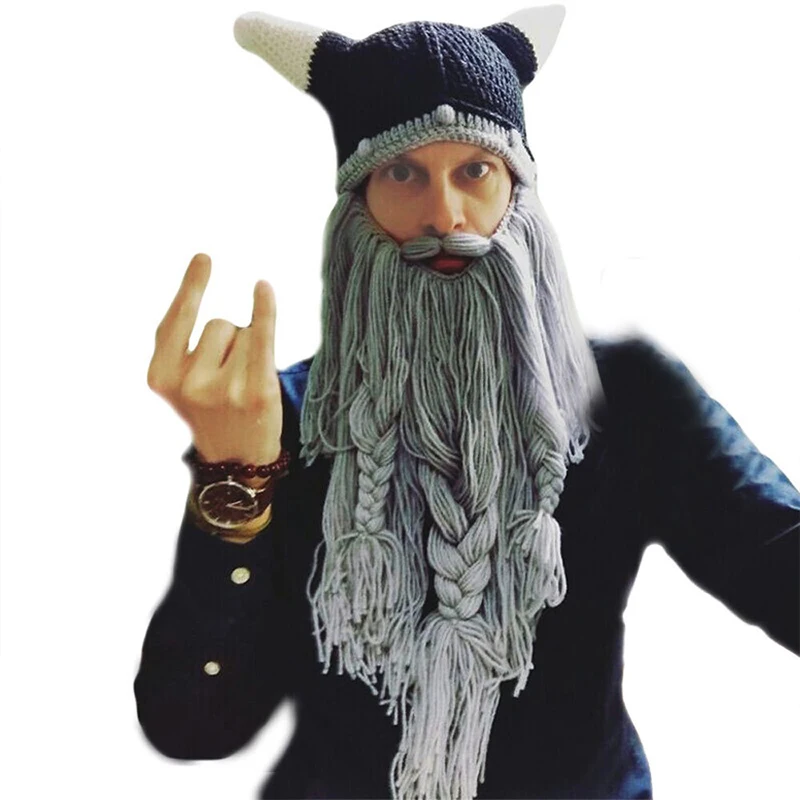 

New fashion funny handmade long beard viking wool bearded pirate horns Halloween hat