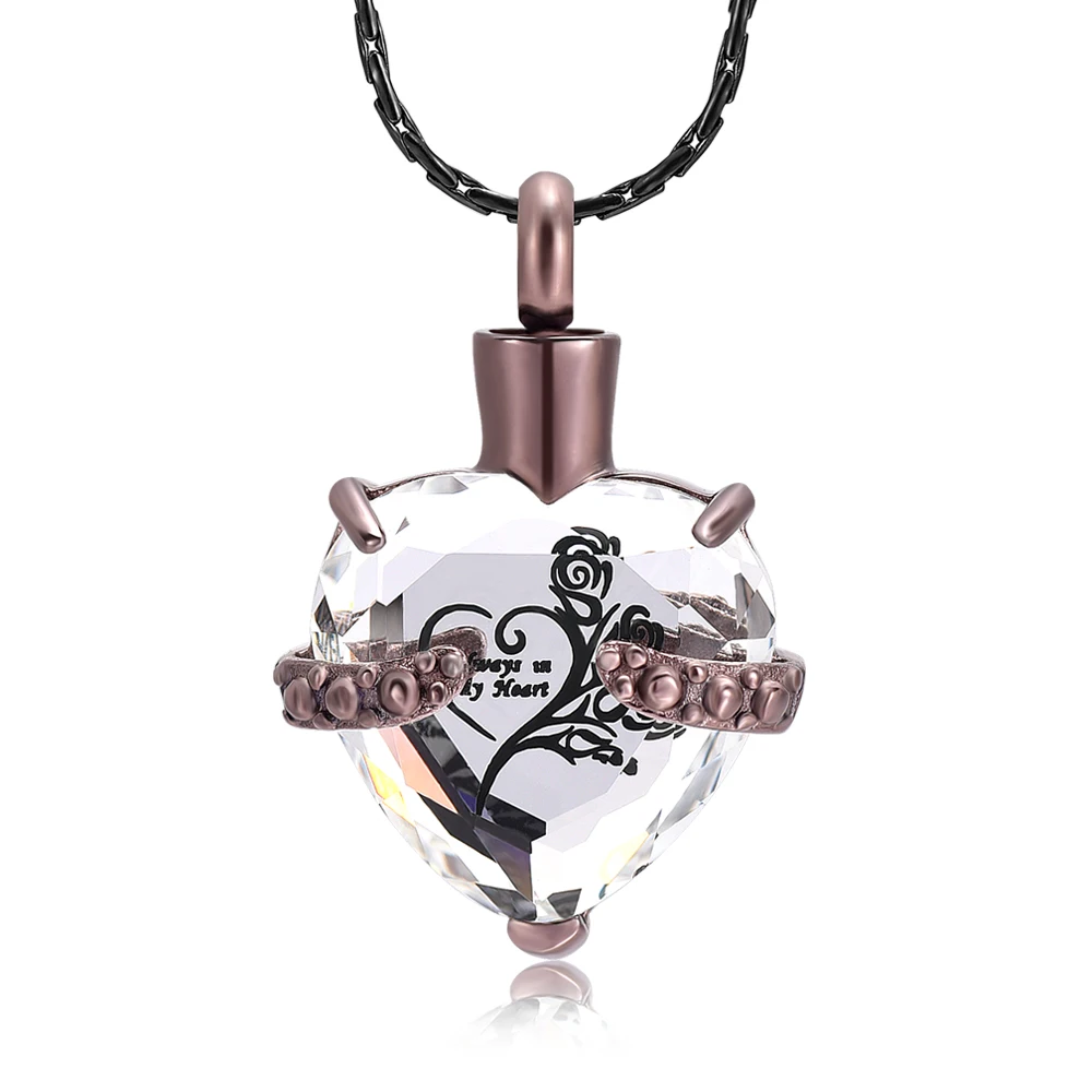 

9790 "Always in my heart" Cremation Ash Keepsake Memorial Urn Necklace- rose flower print on Heart Cremation Jewelry (crystal)