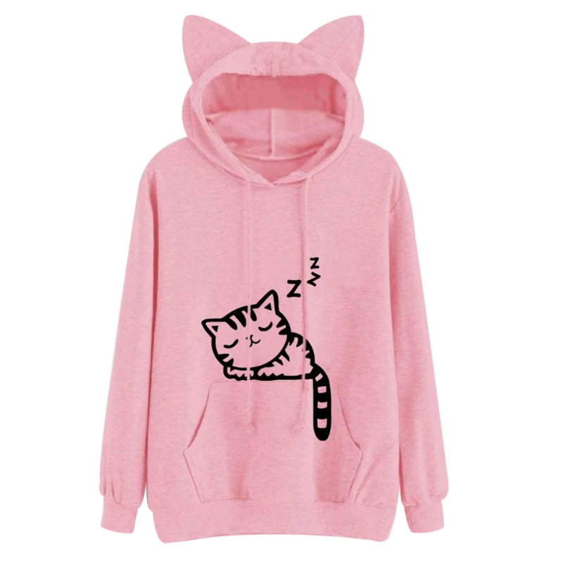 Фото Женские толстовки с капюшоном Kawaii Cat Ear розовый свитер и принтом спящего кота