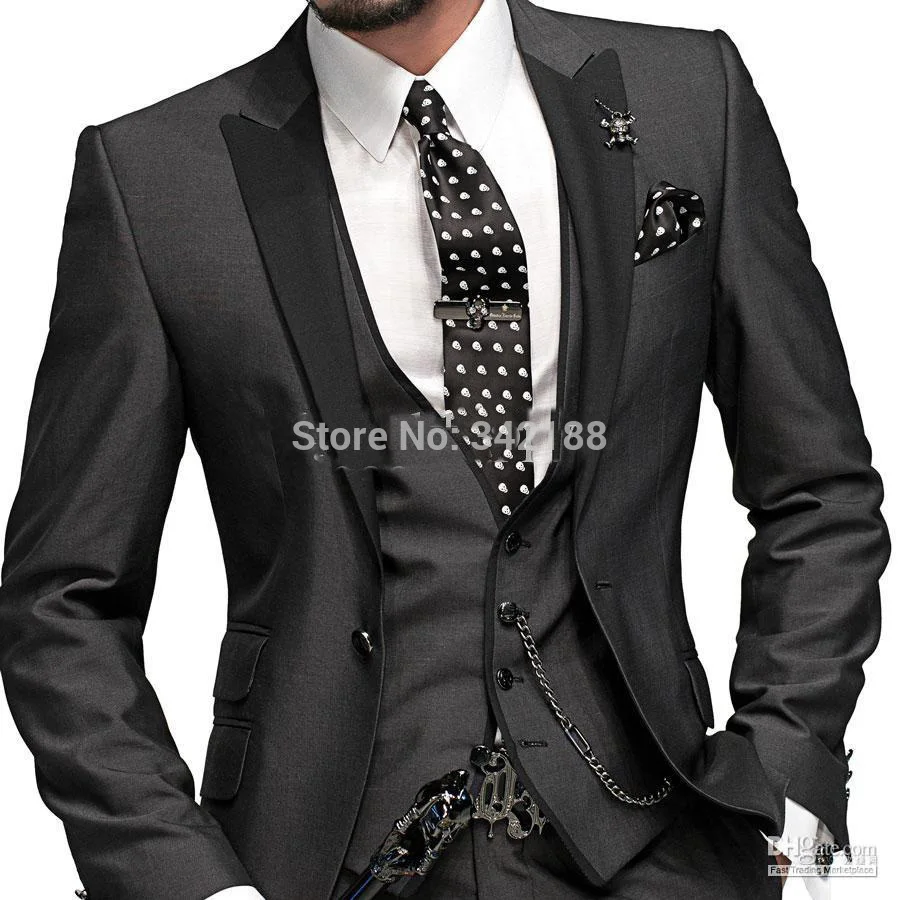 

hot sale Slim Fit One Button Groom Tuxedos/Charcoal Grey Best Man Peak Black Lapel Groomsmen Men Wedding Suit/Bridegroom tuxedo