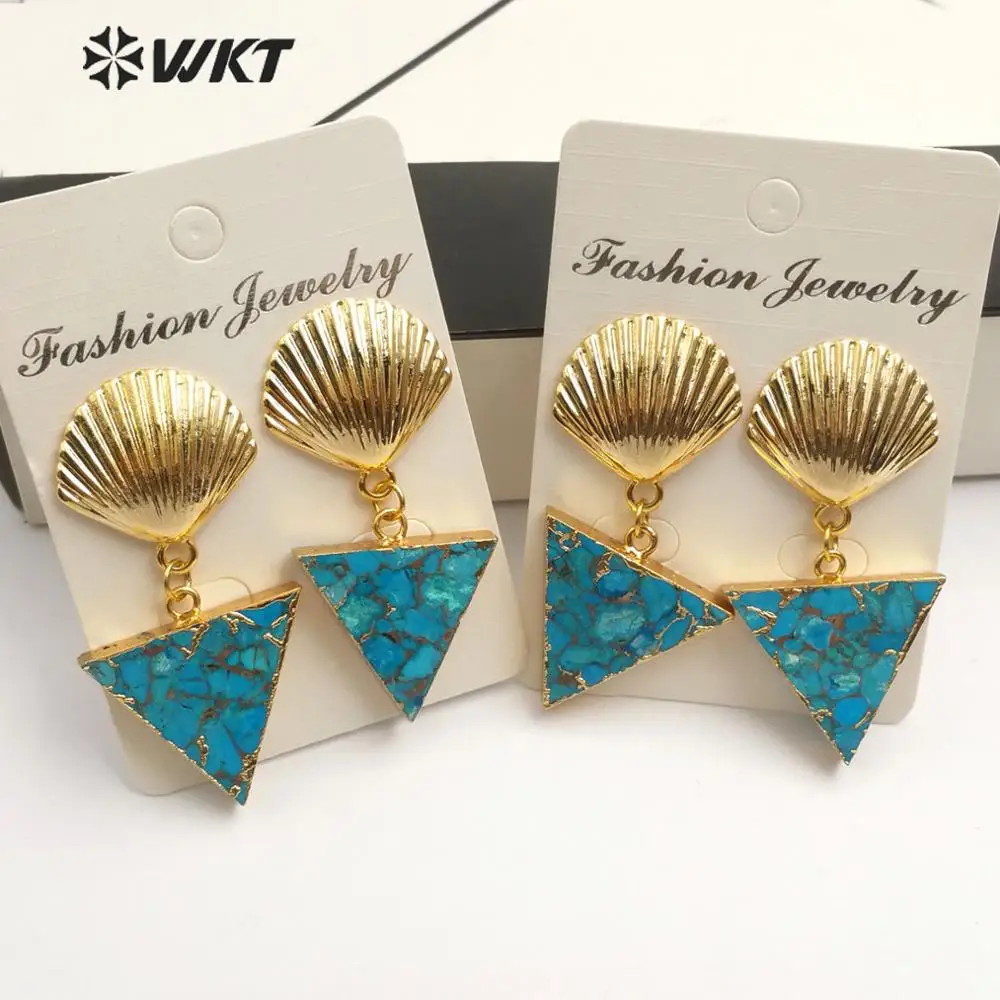 WT-E549 WKT Gold Dipped Shell Shape With Gold Bezel Triangle Blue Vein Turquoises Earrings Women Fashion Earrings Jewelry
WT-E549 WKT Gold Dipped Shell Shape With Gold Bezel Triangle Blue Vein Turquoises Earrings Women Fashion Earrings Jewelry