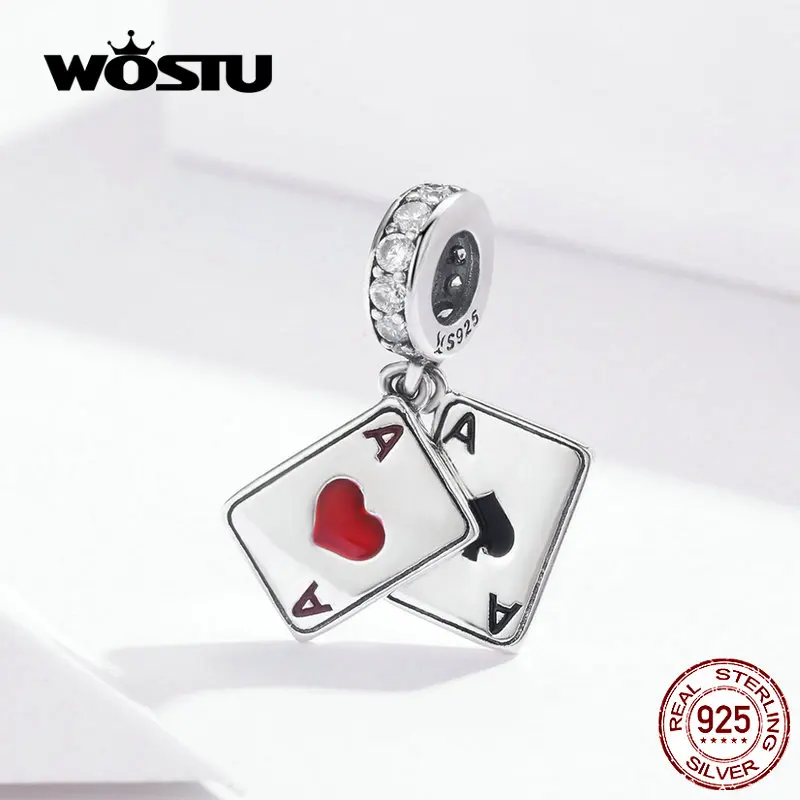 WOSTU покер красное сердце болтающийся Шарм 925 пробы Серебряный сверкающий циркон