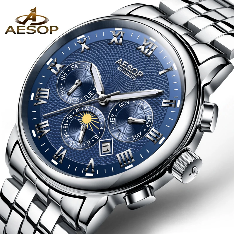 Automatic Mechanical Watch Men AESOP Luxury Brand Mens Watches Moon phase Blue Wristwatches Waterproof relogio masculino 2018
Automatic Mechanical Watch Men AESOP Luxury Brand Mens Watches Moon phase Blue Wristwatches Waterproof relogio masculino 2018
