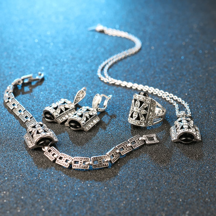 4 Pcs/lot Fashion Antique Silver Color Crystal Ring Necklace Earrings Bracelet Wedding Jewelry Sets Gifts For Women Accessories | Украшения