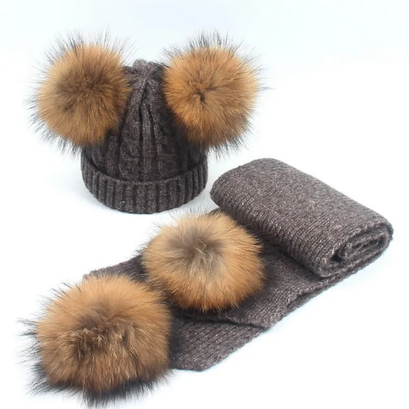 Модный комплект из натуральной шерсти вязаная шапка и шарф для детей теплый