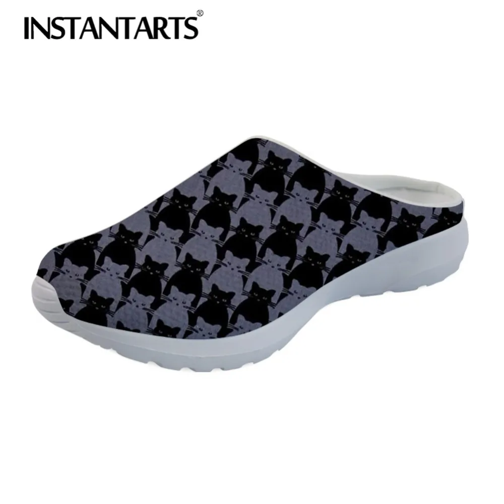 INSTANTARTS Black Slippers 2021 Brand Design Women Beach Flat Shoes Full Moon Cats Print Summer Female Sandals Mesh Sandalias | Обувь