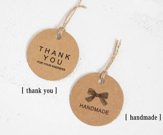 

100pcs/lot Circular Kraft paper tag "thank you""hand made" Hang tag Gift Hang tag 4.3cm