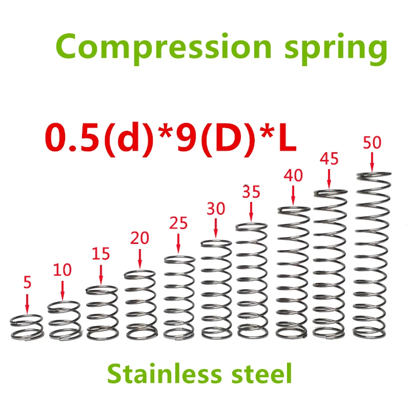 50pcs 0.5*9*(10/15/20/25/30/35/40/45/50) Stainless steel Series small spot spring wire compression pressure springs
50pcs 0.5*9*(10/15/20/25/30/35/40/45/50) Stainless steel Series small spot spring wire compression pressure springs