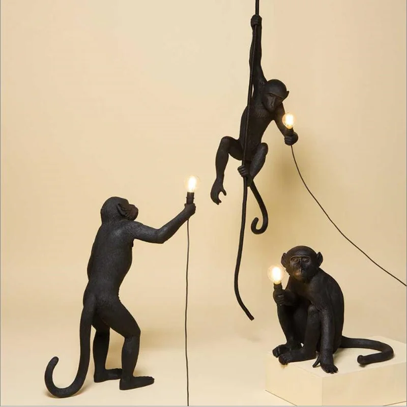 

Modern Black Monkey Hemp Rope Pendant Light Fashion Simple Art Nordic Replicas Resin Seletti Hanging Monkey Lamp XU
