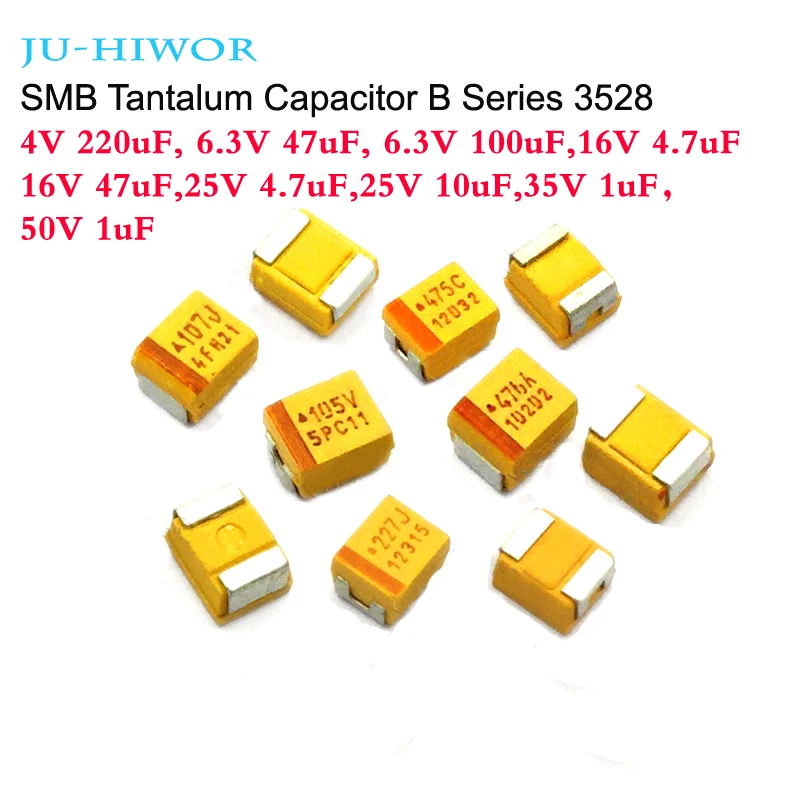 10pcs SMB Tantalum Capacitor B Series 3528 (4V 220uF) 6.3V(47uF 100uF) 16V(4.7uF 47uF) 25V(4.7uF 10uF) (35V 1uF) (50V 1uF)
10pcs SMB Tantalum Capacitor B Series 3528 (4V 220uF) 6.3V(47uF 100uF) 16V(4.7uF 47uF) 25V(4.7uF 10uF) (35V 1uF) (50V 1uF)