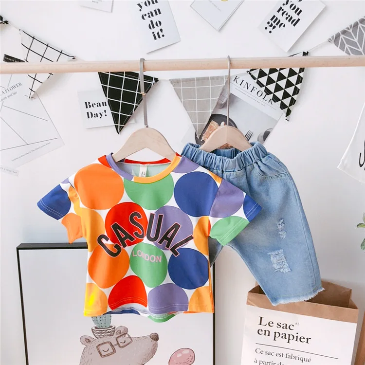 Rainbow polka dots casual shorts tops jeans boy outfits summer fashion baby clothing
Rainbow polka dots casual shorts tops jeans boy outfits summer fashion baby clothing