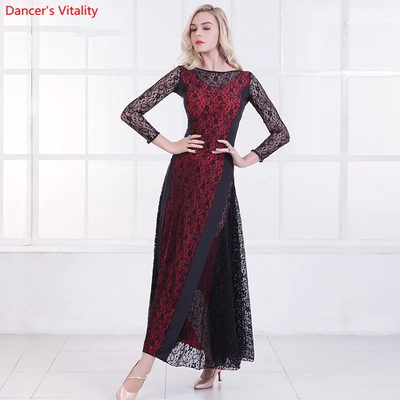 2018 New Women Modern Waltz Tango Smooth Lace Standard Dance Salon Long Sleeve Dress Clothing | Тематическая одежда и
