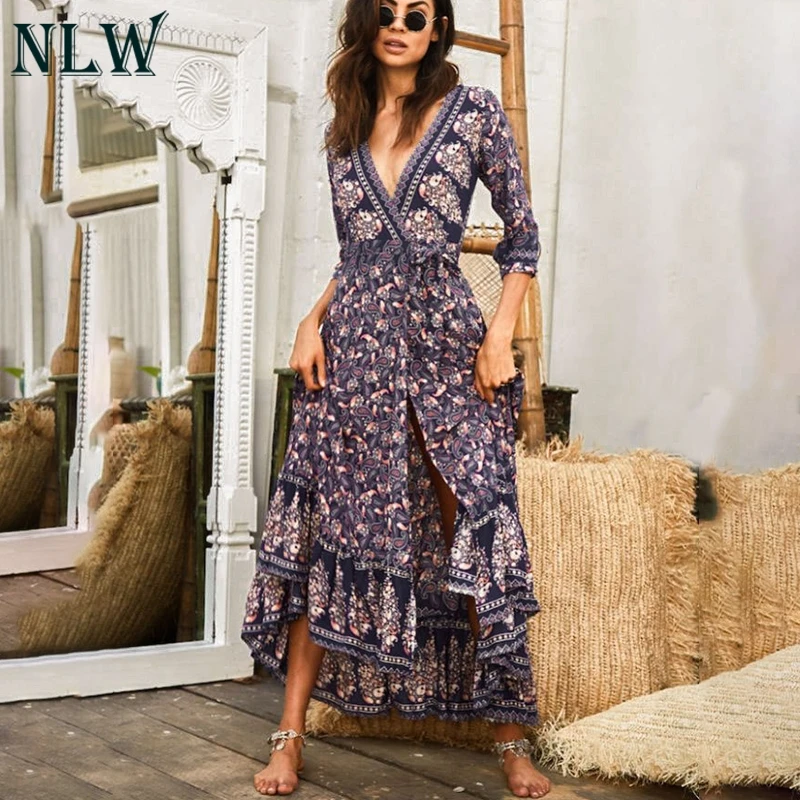 NLW Pirnt Пейсли Feminino длинное платье для женщин Повседневное летнее пляжное Boho