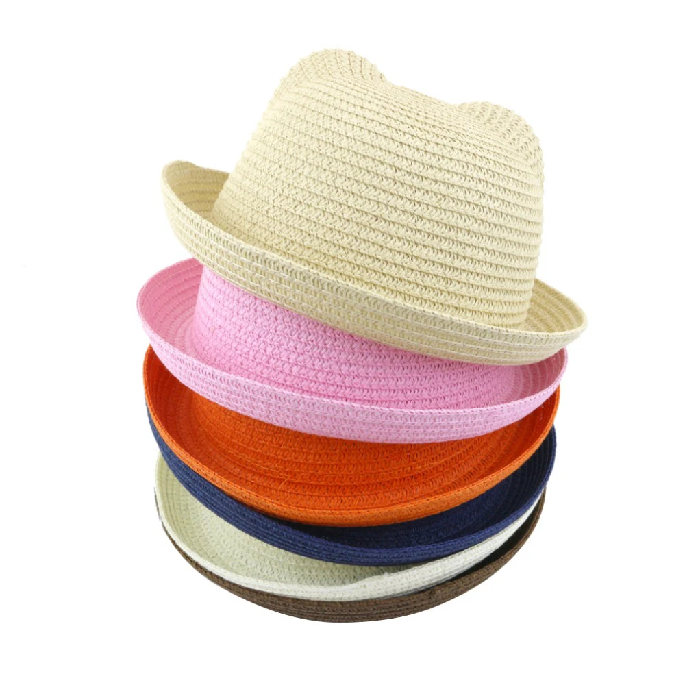 Детская соломенная шляпа с ушками однотонная пляжная Панама для детей и взрослых
