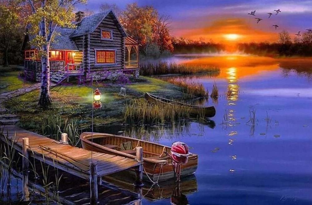 New mosaic full diamond embroidery beads Sunset Lake Cottage Boat tree landscape diamonds cross stitch painting inlay handwork
New mosaic full diamond embroidery beads Sunset Lake Cottage Boat tree landscape diamonds cross stitch painting inlay handwork
