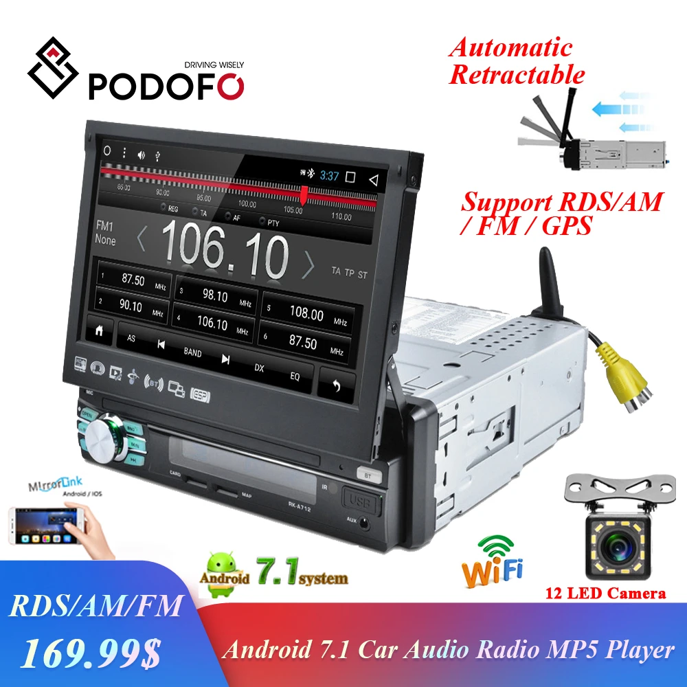 Автомагнитола Podofo 1 din Android GPS навигация автоматический выдвижной экран Wi Fi Bluetooth