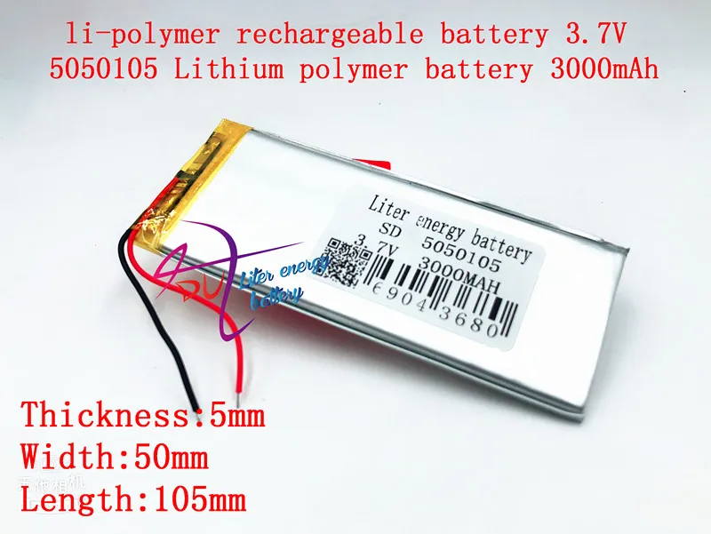 3,7 V 3000mAh 5050105 литий-полимерный литий-ионный аккумулятор для Mp3 MP4 MP5 GPS
3,7 V 3000mAh 5050105 литий-полимерный литий-ионный аккумулятор для Mp3 MP4 MP5 GPS