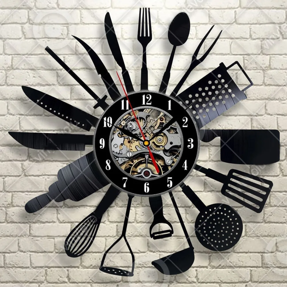 

Cutlery Wall Clock Modern Design Spoon Fork Kitchen Watch Vintage Retro Style Vinyl Record Wall Clocks Home Decor Silent Z087