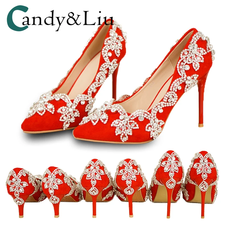 Cyrstal Wedding Pumps Red Flock Handmade Rhinestone Women Shoes Pointed Toe Slip-on Thin Heel for Party Banquet Evening Dress
Cyrstal Wedding Pumps Red Flock Handmade Rhinestone Women Shoes Pointed Toe Slip-on Thin Heel for Party Banquet Evening Dress