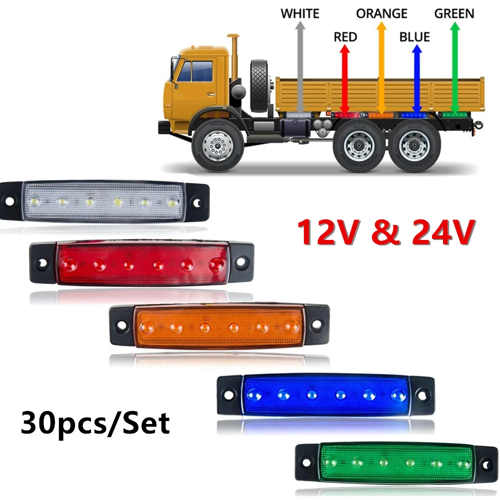 30pcs 12V 24V 6 LED Truck Lorries Bus Pickup Clearance Side Marker Indicators Light Lamp Amber White Red Blue Green Truck Lights
30pcs 12V 24V 6 LED Truck Lorries Bus Pickup Clearance Side Marker Indicators Light Lamp Amber White Red Blue Green Truck Lights