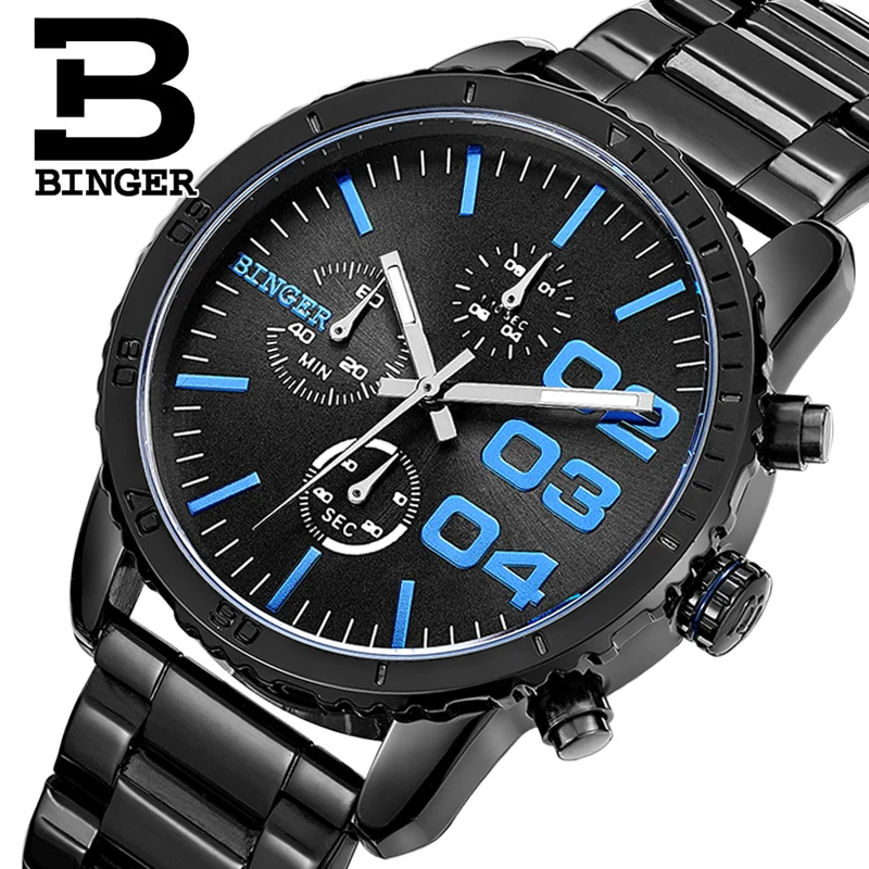 Switzerland BINGER watches men luxury brand Quartz waterproof Chronograph Stop Watch leather strap Wristwatches B9007-4 | Наручные часы