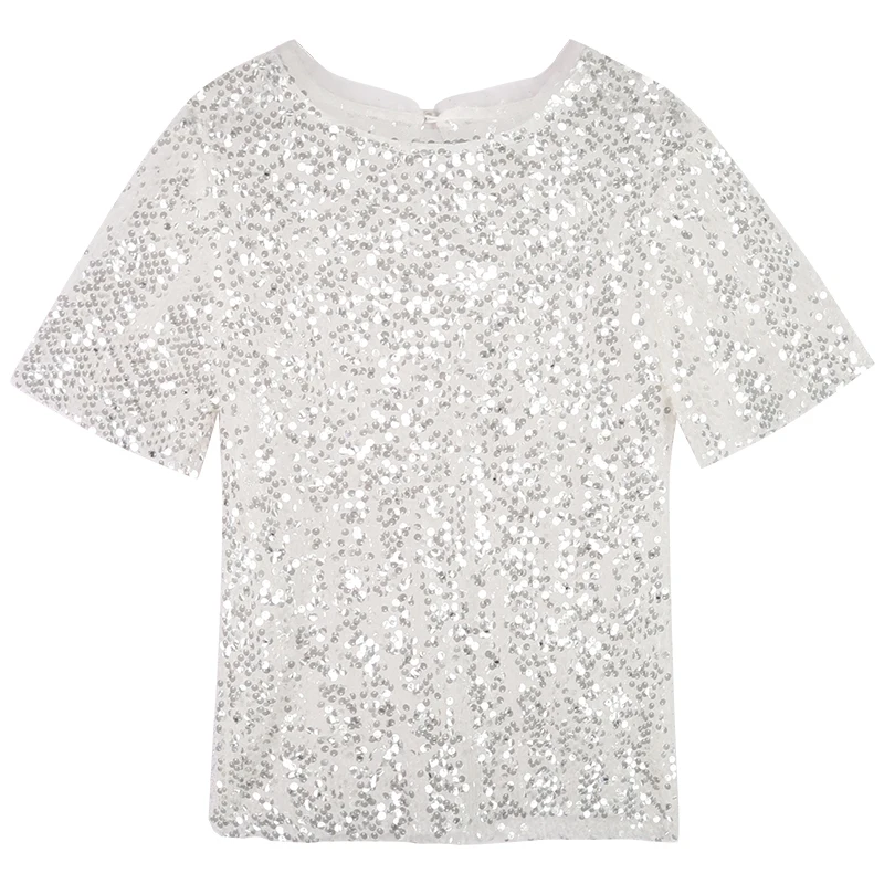 PERHAPS U Pink White Sequin Stitching Mesh Short Sleeve O Neck Short Sleeve Loose T-shirt Casual Women Female B0445
PERHAPS U Pink White Sequin Stitching Mesh Short Sleeve O Neck Short Sleeve Loose T-shirt Casual Women Female B0445