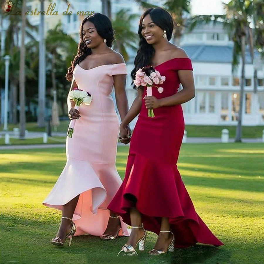 South African Nigeria Mermaid Bridesmaids Dresses new V neck OFF shoulder short sleeve pink burgundy high-low wedding party
South African Nigeria Mermaid Bridesmaids Dresses new V neck OFF shoulder short sleeve pink burgundy high-low wedding party