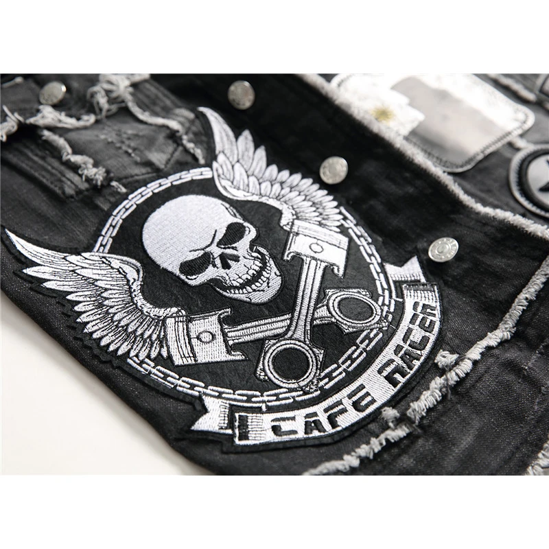 ABOORUN мужской джинсовый жилет в стиле панк черный с вышивкой черепа брендовая