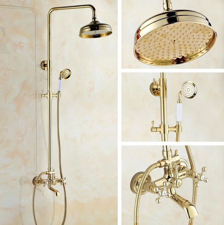 Luxury Polished Gold Color Brass Dual Cross Handles Bathroom Round Rain Shower Faucet Set Bath Tub Mixer Tap Wall Mounted mgf351
Luxury Polished Gold Color Brass Dual Cross Handles Bathroom Round Rain Shower Faucet Set Bath Tub Mixer Tap Wall Mounted mgf351