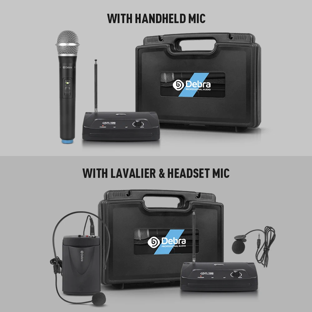 Debra mini V-100 VHF Wireless Microphone Mic System With Portable Case with HandHeld or Lavalier & Heatset for karaoke
Debra mini V-100 VHF Wireless Microphone Mic System With Portable Case with HandHeld or Lavalier & Heatset for karaoke