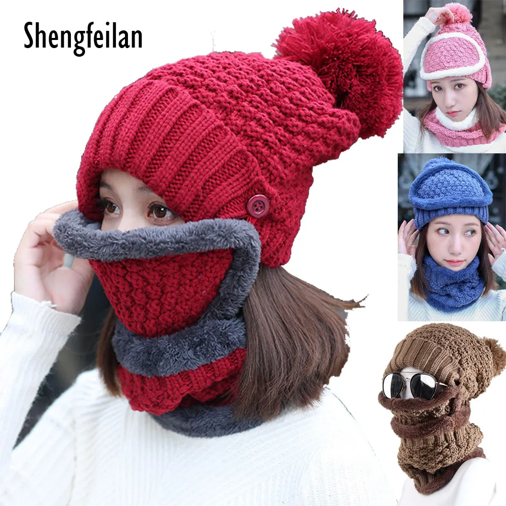 Зимняя женская шапка снежные шапки бини Skullies вязаная маска шейный утеплитель