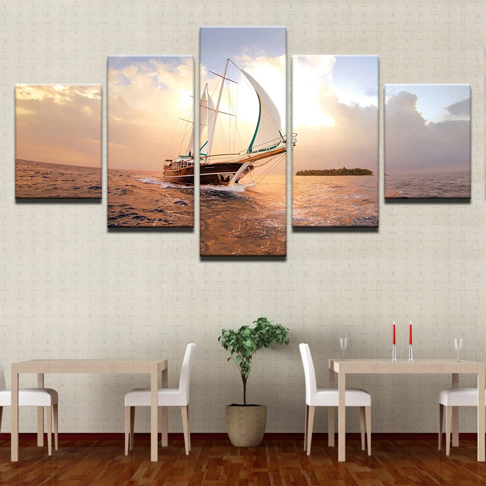

HD Prints Pictures Modular Canvas Wall Art Frameless 5 Pieces Sunset Sailboat Seascape Paintings Home Decor Boat Sailing Posters