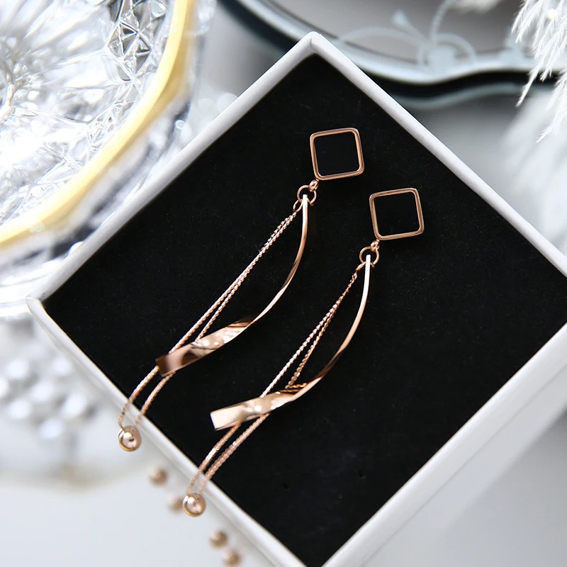 

YUN RUO 2019 Fashion Square Tassel Stud Earring Rose Gold Color Woman Birthday Gift Titanium Steel Jewelry Never Fade Drop Ship