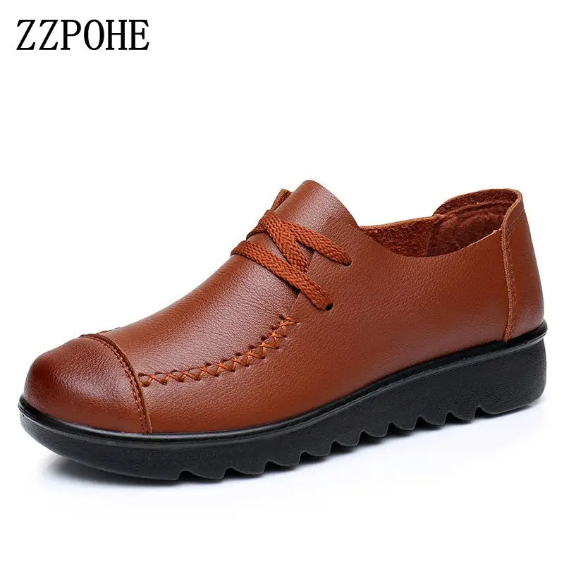 

ZZPOHE Women Soft Flats 2017 Spring autumn Genuine Leather Women Shoes casual fashion Slip On comfortable Lacing mother shoes