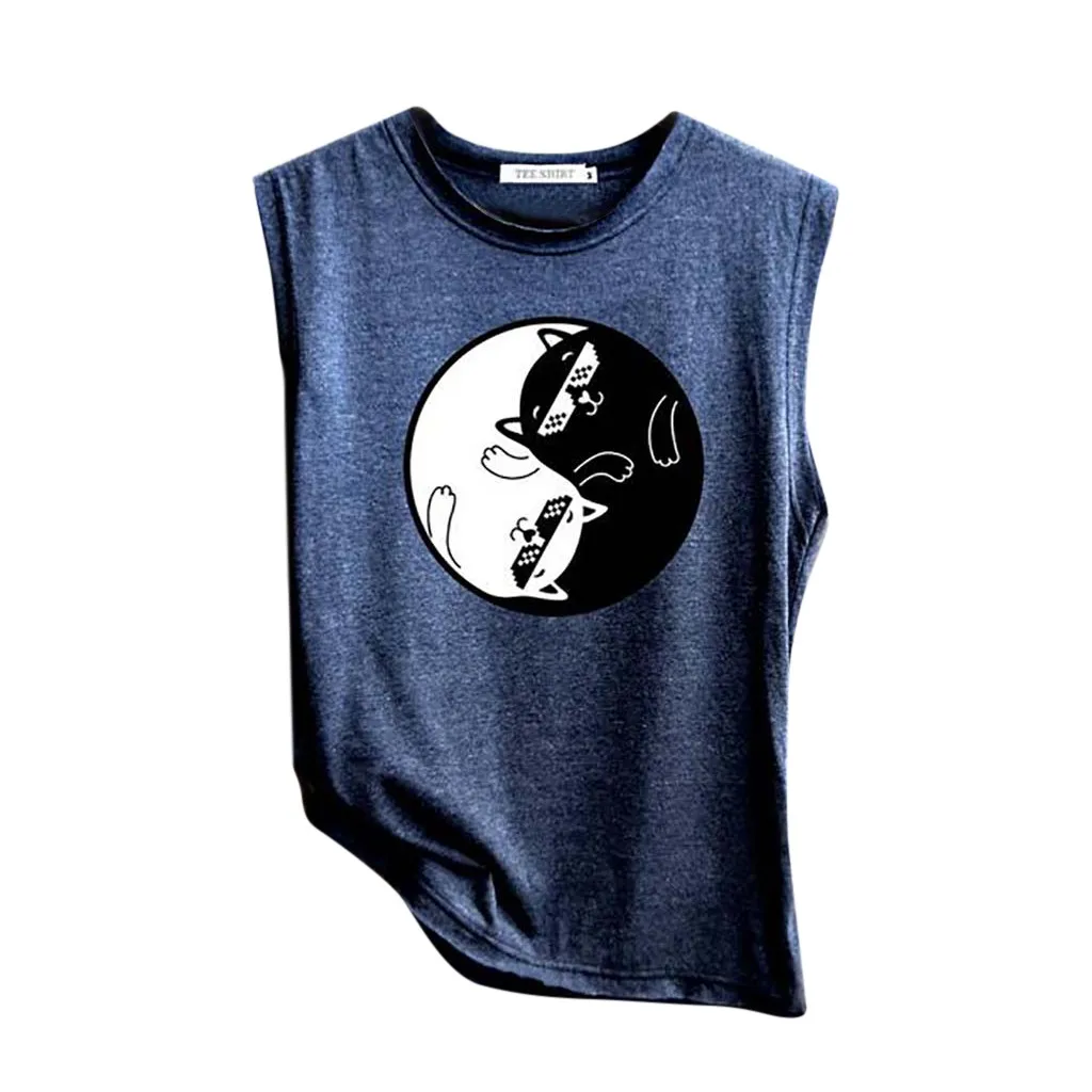 Sexy Tops Women's Cat Print Vest Casual Loose Top Sleeveless Tank Camisole Sport Pullover Tunic Clothing Summer Beach | Женская